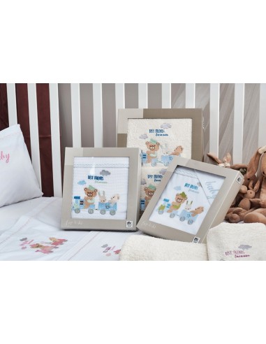 Σεντόνια Σετ Λευκό με Kέντημα Train Blue - (2x...