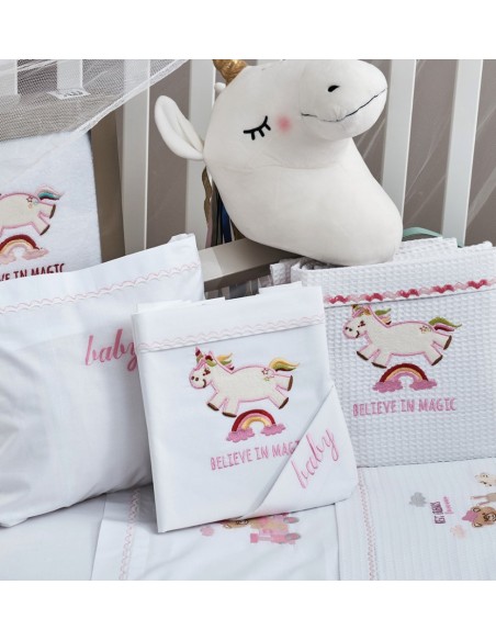 Σεντόνια Σετ Λευκό με Kέντημα Unicorn Pink - (2x 120x160 + 1 μαξ. 30x40)