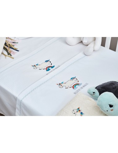Σεντόνια Σετ Λευκό με Kέντημα Unicorn Blue -...