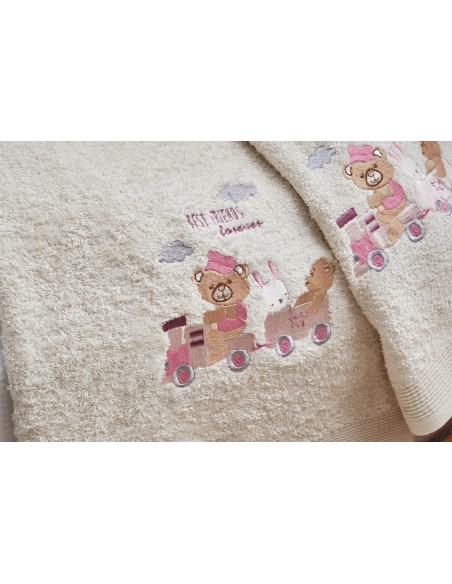 Πετσέτες Σετ με κέντημα Train Pink - 50x90,75x150 με κέντημα