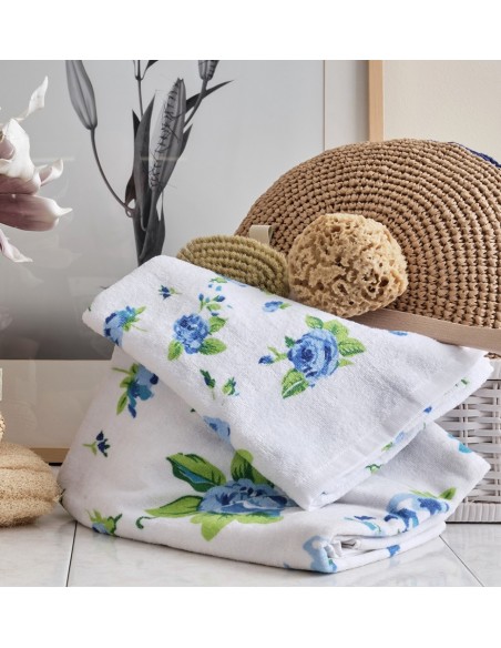 Πετσέτα Τυπωμένη Βελούρ Rose - Blue, Προσώπου 50x90