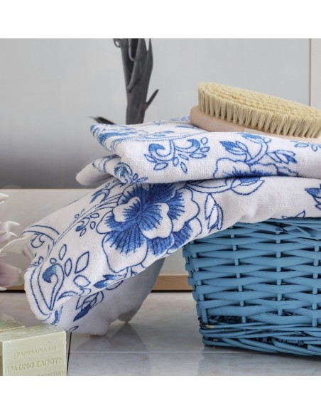 Πετσέτα Τυπωμένη Βελούρ Dahlia - Blue, Προσώπου 50x90