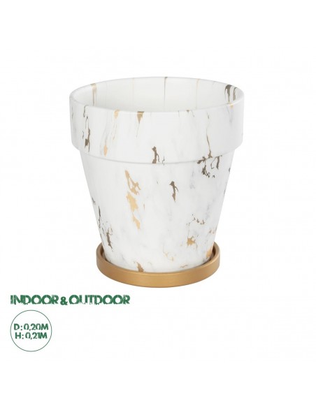 GloboStar® Artificial Garden DENPASAR 20526 Διακοσμητική Κεραμική Γλάστρα Λευκή με Χρυσό Μ20 x Π20 x Υ21 cm