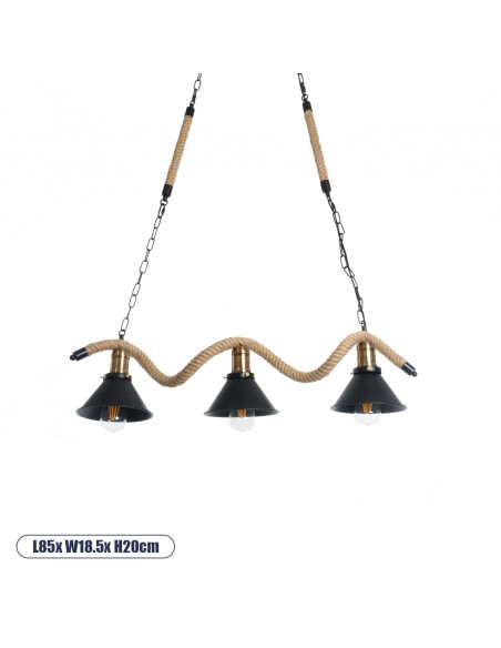 GloboStar® TYMEN 01189 Vintage Κρεμαστό Φωτιστικό Καμπάνα Τρίφωτο 3 x E27 IP20 Μαύρο Μέταλλο με Μπεζ Σχοινί - Μ85 x Π18.5 x Υ20cm