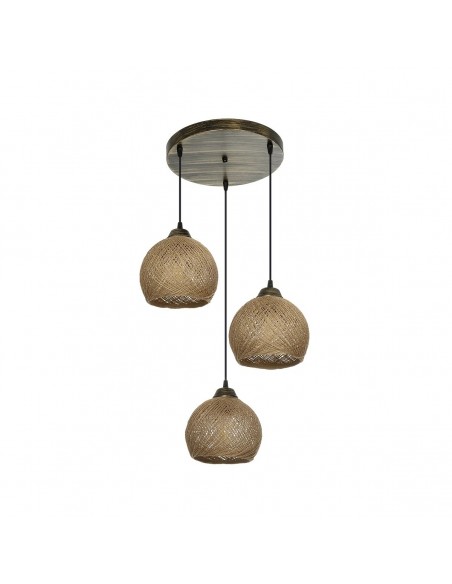 GloboStar® YASAM 203-0025 Vintage Κρεμαστό Φωτιστικό Πλέγμα Τρίφωτο 3 x E27 IP20 Καφέ Ρατάν - Μ42 x Π42 x Υ54cm