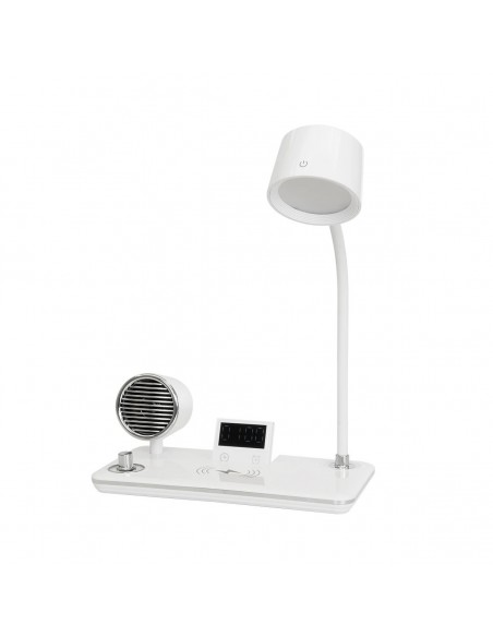 GLOBOSTAR® OLDY 76557 Μοντέρνο Επιτραπέζιο Φωτιστικό Γραφείου με Ασύρματη Φόρτιση 15W 3A, 5W Bluetooth Ηχείο & Ψηφιακό Ρολόι LED 3W 300lm 120° DC 5V με USB-C IP20 Ρυθμιζόμενο Λευκό CCT με Αφή 2700K/4500K/6000K Dimmable - Sanan SMD Chip - Λευκό - Μ13 x Π25 x Υ38cm - 2 Χρόνια Εγγύηση