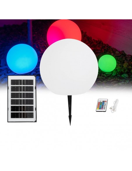GLOBOSTAR® AQUAGLOW 71474 Μοντέρνο Φωτιστικό Κήπου Μπάλα με IR Ασύρματο Χειριστήριο LED 3W 240lm 360° DC 5V με USB-C με Ενσωματωμένο Φωτοβολταϊκό Panel 6V 1W & Επαναφορτιζόμενη Μπαταρία Li-ion 3.7V 2x18650 1400mAh Αδιάβροχο IP54 Πολύχρωμο RGBW Dimmable - Sanan SMD Chip - Γαλακτερό Λευκό - Μ25 x Π25 