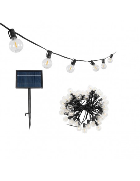 GLOBOSTAR® TWILIGHT 79669 Μοντέρνο Φωτιστικό Κήπου Γιρλάντα 14.5m με 50 Λάμπες LED 30W 2700lm 360° DC 3.7V με Ενσωματωμένο Φωτοβολταϊκό Panel 5.5V 5W & Επαναφορτιζόμενη Μπαταρία Li-ion 3.7V 3x18650 6600mAh Αδιάβροχο IP65 Θερμό Λευκό 2700Κ Dimmable - Sanan SMD Chip - Μαύρο & Διάφανο - Μ1450 x Π4 x Υ7