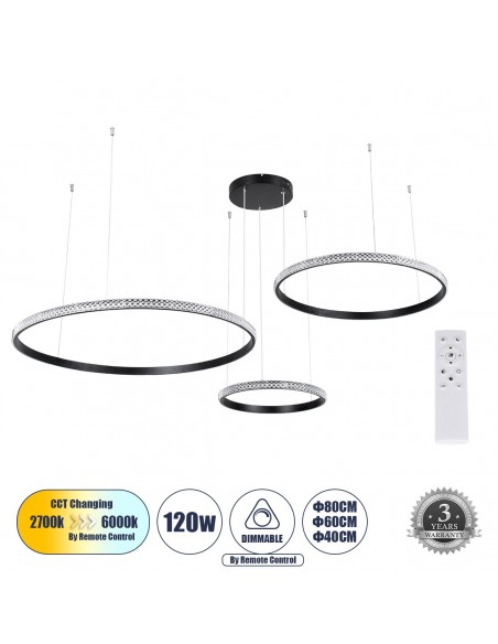 GLOBOSTAR® DIAMOND TRIO 61144 Μοντέρνο Κρεμαστό Φωτιστικό Οροφής LED 120W 14723lm 360° AC 220-240V IP20 Ρυθμιζόμενο Λευκό CCT με Χειριστήριο από 2700K έως 6000K Dimmable - Lumileds SMD Chip - Μαυρό Ματ - Μ150 x Π150 x Υ60cm - 3 Χρόνια Εγγύηση