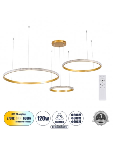 GLOBOSTAR® DIAMOND TRIO 61145 Μοντέρνο Κρεμαστό Φωτιστικό Οροφής LED 120W 14723lm 360° AC 220-240V IP20 Ρυθμιζόμενο Λευκό CCT με Χειριστήριο από 2700K έως 6000K Dimmable - Lumileds SMD Chip - Χρυσό Βούρτσας - Μ150 x Π150 x Υ60cm - 3 Χρόνια Εγγύηση