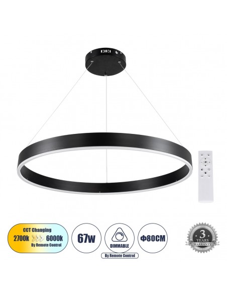 GLOBOSTAR® VENOM 61179 Μοντέρνο Κρεμαστό Φωτιστικό Οροφής LED 67W 7863lm 120° AC 220-240V IP20 Ρυθμιζόμενο Λευκό CCT με Χειριστήριο από 2700K έως 6000K Dimmable - Lumileds SMD Chip - Μαύρο Ματ - Μ80 x Π80 x Υ6.5cm - 3 Χρόνια Εγγύηση