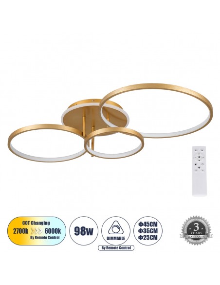 GLOBOSTAR® NEMESIS 61110 Μοντέρνο Φωτιστικό Οροφής LED 98W 11858lm 360° AC 220-240V IP20 Ρυθμιζόμενο Λευκό CCT με Χειριστήριο από 2700K έως 6000K Dimmable - Lumileds SMD Chip - Χρυσό Βούρτσας - Μ89 x Π60 x Υ19cm - 3 Χρόνια Εγγύηση