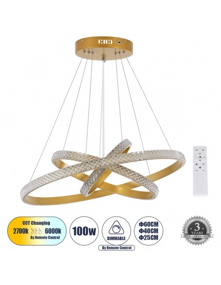 GloboStar® DIAMOND TRIO 61137-DECO Κρεμαστό Φωτιστικό Δαχτυλίδι-Κύκλος LED CCT 100W 12123lm 360° AC 220-240V - Εναλλαγή Φωτισμού μέσω Τηλεχειριστηρίου All In One Ψυχρό 6000k+Φυσικό 4500k+Θερμό 2700k Dimmable Φ25+40+60cm - Χρυσό Βούρτσας - 3 Years Warranty