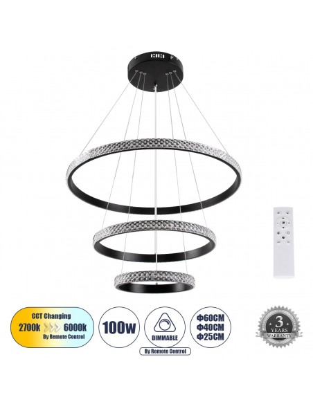 GLOBOSTAR® DIAMOND TRIO 61136 Μοντέρνο Κρεμαστό Φωτιστικό Οροφής LED 100W 12123lm 360° AC 220-240V IP20 Ρυθμιζόμενο Λευκό CCT με Χειριστήριο από 2700K έως 6000K Dimmable - Lumileds SMD Chip - Μαυρό Ματ - Μ60 x Π60 x Υ60cm - 3 Χρόνια Εγγύηση