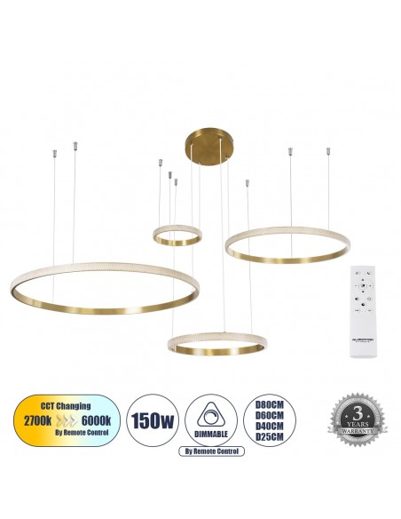 GLOBOSTAR® DIAMOND TETRA 61149 Μοντέρνο Κρεμαστό Φωτιστικό Οροφής LED 150W 18379lm 360° AC 220-240V IP20 Ρυθμιζόμενο Λευκό CCT με Χειριστήριο από 2700K έως 6000K Dimmable - Lumileds SMD Chip - Χρυσό Βούρτσας - Μ150 x Π150 x Υ60cm - 3 Χρόνια Εγγύηση