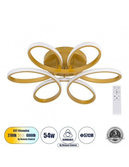 GLOBOSTAR® MARGARET 61403 Μοντέρνο Φωτιστικό Οροφής LED 54W 6210lm 360° AC 220-240V IP20 Ρυθμιζόμενο Λευκό CCT με Χειριστήριο από 2700K έως 6000K Dimmable - Lumileds SMD Chip - Χρυσό Βούρτσας - Μ57 x Π57 x Υ12cm - 3 Χρόνια Εγγύηση