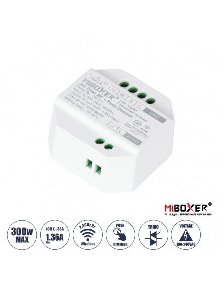 GLOBOSTAR® MiBOXER-TRI-C1 71432 AC Triac RF 2.4Ghz & Push Dimmer με 1 x 1.36A 300W Κανάλι AC 220-240V 1.36A 300W Max IP20 - RF 2.4Ghz & Push Dimming - Μ5 x Π5 x Υ2.3cm - 5 Χρόνια Εγγύηση