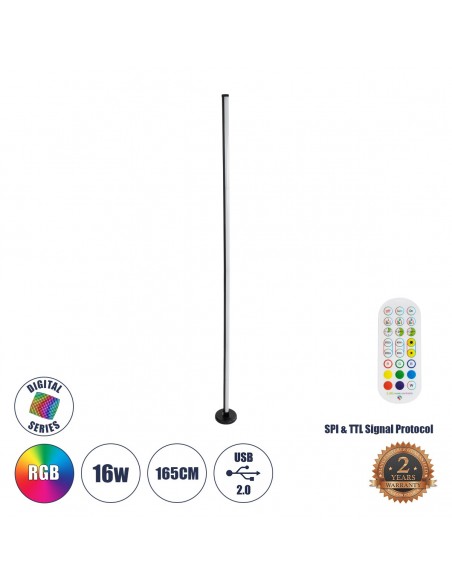 GLOBOSTAR® DIGICOLUMN 90764 Μοντέρνο Επιδαπέδιο Γραμμικό Ψηφιακό Φωτιστικό Digital Pixel Symphony Bar με RF Ασύρματο Χειριστήριο LED 16W 1280lm 180° DC 5V με USB 2.0 IP20 Πολύχρωμο RGB Dimmable - Μαύρο - Φ3 x Υ165cm - 2 Χρόνια Εγγύηση