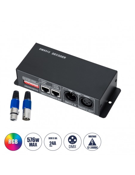 GLOBOSTAR® RGBCONTROLLER 73490 DC DMX Master Dimmer / Controller / Decoder Υψηλής Ταχύτητας με 3 x 8A 192W Κανάλια DC 12-24V 24A 576W Max IP20 - DMX512 & RDM - Μ16 x Π9 x Υ6cm - 2 Χρόνια Εγγύηση