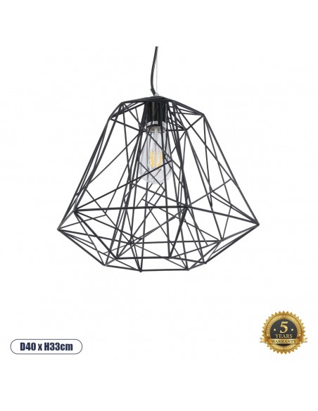 GLOBOSTAR® GRID 01022 Vintage Κρεμαστό Φωτιστικό Οροφής με Ντουί 1 x E27 AC 220-240V IP20 - Μαύρο - Μ40 x Π40 x Υ33cm