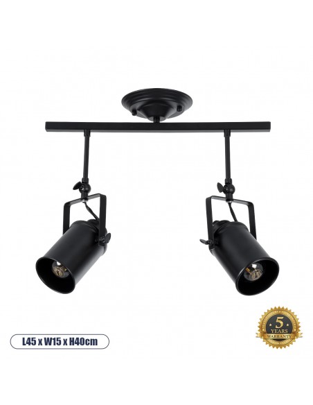 GLOBOSTAR® HOLLYWOOD 01154 Vintage Φωτιστικό Οροφής με Ντουί 2 x E27 AC 220-240V IP20 - Μαύρο - Μ45 x Π15 x Υ40cm