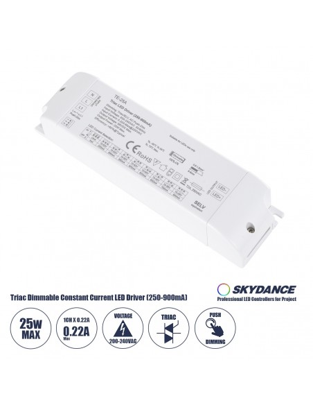 GLOBOSTAR® SKYDANCE-TE-25A 73134 DC Triac & Push Dimmer CC Τροφοδοτικό/Μετασχηματιστής SELV με 1 x 250-900mA 25W Κανάλι AC 220-240V σε DC 10-52V 900mA 25W Max IP20 - Triac & Push Dimming - Μ17.5 x Π4.4 x Υ3cm - 5 Χρόνια Εγγύηση