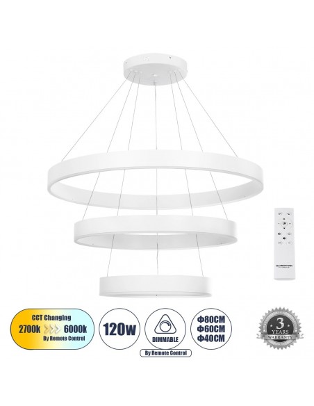 GLOBOSTAR® VENOM TRIO 61189 Μοντέρνο Κρεμαστό Φωτιστικό Οροφής LED 120W 14158lm 120° AC 220-240V IP20 Ρυθμιζόμενο Λευκό CCT με Χειριστήριο από 2700K έως 6000K Dimmable - Lumileds SMD Chip - Λευκό Ματ - Μ80 x Π80 x Υ60cm - 3 Χρόνια Εγγύηση
