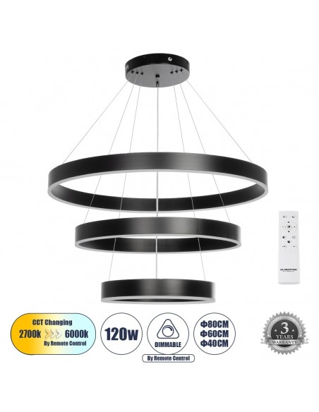 GLOBOSTAR® VENOM TRIO 61188 Μοντέρνο Κρεμαστό Φωτιστικό Οροφής LED 120W 14158lm 120° AC 220-240V IP20 Ρυθμιζόμενο Λευκό CCT με Χειριστήριο από 2700K έως 6000K Dimmable - Lumileds SMD Chip - Μαύρο Ματ - Μ80 x Π80 x Υ60cm - 3 Χρόνια Εγγύηση