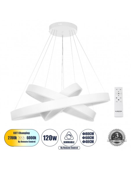 GLOBOSTAR® VENOM TRIO 61189-DECO Μοντέρνο Κρεμαστό Φωτιστικό Οροφής LED 120W 14158lm 120° AC 220-240V IP20 Ρυθμιζόμενο Λευκό CCT με Χειριστήριο από 2700K έως 6000K Dimmable - Lumileds SMD Chip - Λευκό Ματ - Μ80 x Π80 x Υ60cm - 3 Χρόνια Εγγύηση