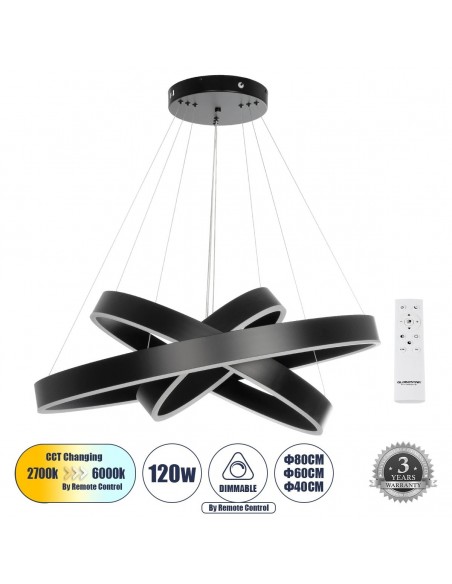 GLOBOSTAR® VENOM TRIO 61188-DECO Μοντέρνο Κρεμαστό Φωτιστικό Οροφής LED 120W 14158lm 120° AC 220-240V IP20 Ρυθμιζόμενο Λευκό CCT με Χειριστήριο από 2700K έως 6000K Dimmable - Lumileds SMD Chip - Μαύρο Ματ - Μ80 x Π80 x Υ60cm - 3 Χρόνια Εγγύηση