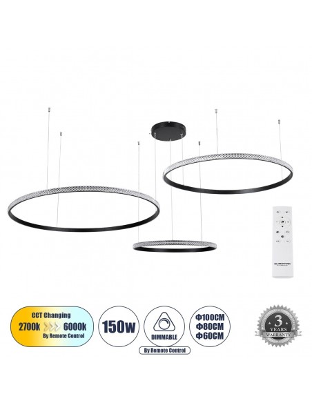 GLOBOSTAR® DIAMOND TRIO 61146 Μοντέρνο Κρεμαστό Φωτιστικό Οροφής LED 150W 18379lm 360° AC 220-240V IP20 Ρυθμιζόμενο Λευκό CCT με Χειριστήριο από 2700K έως 6000K Dimmable - Lumileds SMD Chip - Μαυρό Ματ - Μ170 x Π170 x Υ60cm - 3 Χρόνια Εγγύηση