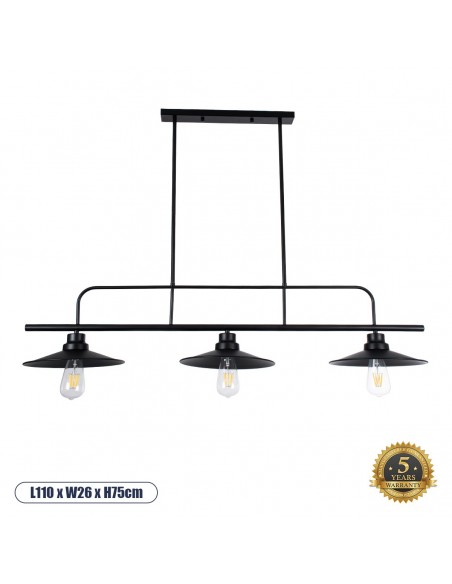 GLOBOSTAR® REGAL 01009 Vintage Φωτιστικό Οροφής με Ντουί 3 x E27 AC 220-240V IP20 - Μαύρο - Μ110 x Π26 x Υ75cm