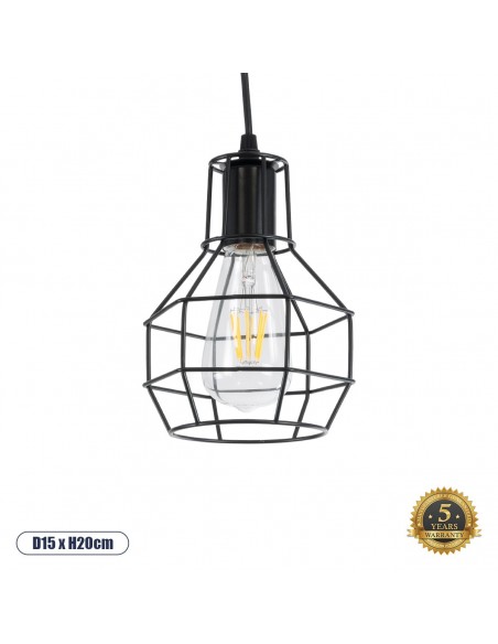 GLOBOSTAR® CAGE 01017 Vintage Κρεμαστό Φωτιστικό Οροφής με Ντουί 3 x E27 AC 220-240V IP20 - Μαύρο - Μ15 x Π15 x Υ20cm