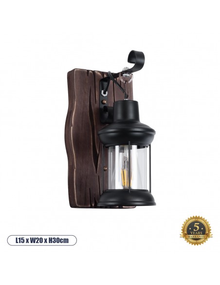 GLOBOSTAR® BRASRA 01204 Vintage Φωτιστικό Τοίχου - Απλίκα με Ντουί 1 x E27 AC 220-240V IP20 - Καφέ & Μαύρο - Μ15 x Π20 x Υ30cm
