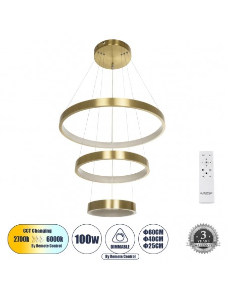 GLOBOSTAR® NEMESIS TRIO 61169 Μοντέρνο Κρεμαστό Φωτιστικό Οροφής LED 100W 12123lm 360° AC 220-240V IP20 Ρυθμιζόμενο Λευκό CCT με Χειριστήριο από 2700K έως 6000K Dimmable - Lumileds SMD Chip - Χρυσό Βούρτσας - Μ60 x Π60 x Υ60cm - 3 Χρόνια Εγγύηση