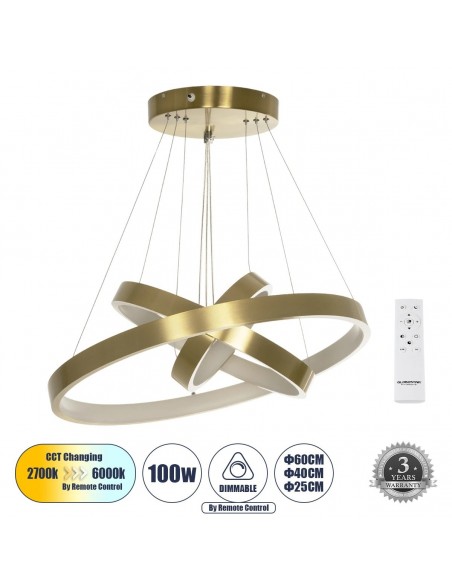 GLOBOSTAR® NEMESIS TRIO 61169-DECO Μοντέρνο Κρεμαστό Φωτιστικό Οροφής LED 100W 12123lm 360° AC 220-240V IP20 Ρυθμιζόμενο Λευκό CCT με Χειριστήριο από 2700K έως 6000K Dimmable - Lumileds SMD Chip - Χρυσό Βούρτσας - Μ60 x Π60 x Υ60cm - 3 Χρόνια Εγγύηση