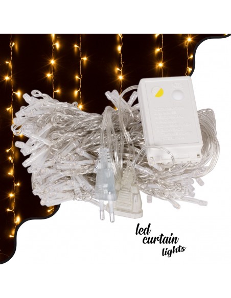 85800 Διακοσμητική Κουρτίνα 3 x 2 Μέτρα με Controller 8 Προγραμμάτων Φωτισμού - Επεκτεινόμενη 240 LED 6W AC 230V με Διάφανο Καλώδιο & Πρίζα Schuko IP20 Θερμό Λευκό 3000K Μ3 x Υ2m