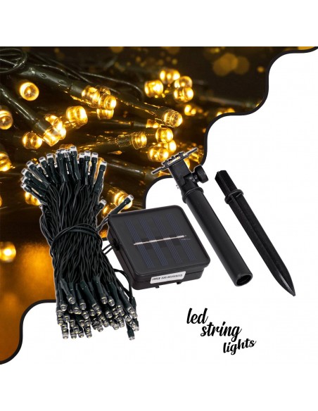 85807 Διακοσμητική Γιρλάντα 10 Μέτρων με Controller 8 Προγραμμάτων Φωτισμού - 100 LED 4W με Ενσωματωμένη Μπαταρία 600mAh - Φωτοβολταϊκό Πάνελ - Αισθητήρα Ημέρας-Νύχτας - Βάση Κήπου & Σκούρο Πράσινο Καλώδιο Αδιάβροχη IP65 Θερμό Λευκό 3000K Μ10m