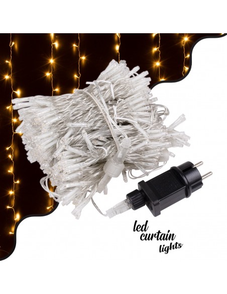 85830 Διακοσμητική Κουρτίνα 6 x 3 Μέτρα με Controller 8 Προγραμμάτων Εναλλαγών Φωτισμού - Επεκτεινόμενη 600 LED 6W AC 230V με Διάφανο Καλώδιο & Πρίζα Schuko Αδιάβροχη IP44 Θερμό Λευκό 3000K Μ6 x Υ3m