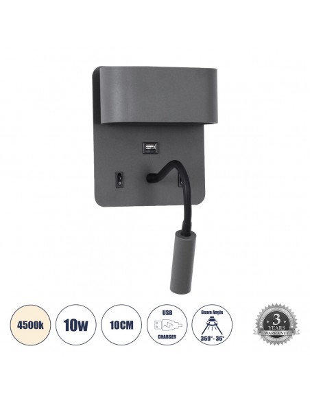 GLOBOSTAR® IBIS 61369 Μοντέρνο Φωτιστικό Τοίχου - Απλίκα Ξενοδοχείου Reading Light με Φορτιστή USB 3A LED 10W 1100lm 36° & 360° AC 220-240V IP20 Φυσικό Λευκό 4500K - Bridgelux COB Chip & TÜV SÜD Driver - Γκρι Ανθρακί Ματ - Μ10 x Π6.1 x Υ18cm - 3 Χρόνια Εγγύηση