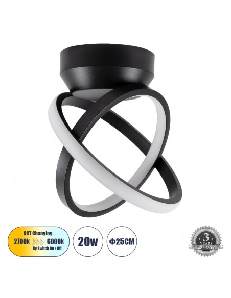 GLOBOSTAR® AMELIA 61052 Μοντέρνο Φωτιστικό Οροφής LED 20W 2400lm 300° AC 220-240V IP20 Ρυθμιζόμενο Λευκό CCT με On/Off 2700K/4500K/6000K - Lumileds SMD Chip - Μαύρο Ματ - Μ24.5 x Π16 x Υ25cm - 3 Χρόνια Εγγύηση
