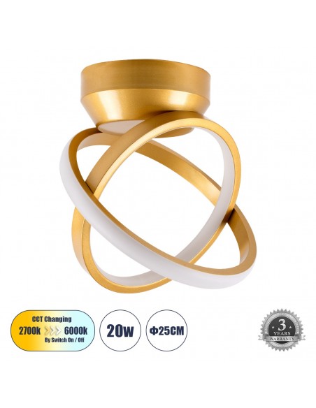 GLOBOSTAR® AMELIA 61054 Μοντέρνο Φωτιστικό Οροφής LED 20W 2400lm 300° AC 220-240V IP20 Ρυθμιζόμενο Λευκό CCT με On/Off 2700K/4500K/6000K - Lumileds SMD Chip - Χρυσό Βούρτσας - Μ24.5 x Π16 x Υ25cm - 3 Χρόνια Εγγύηση