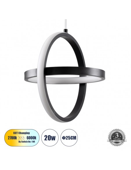 GLOBOSTAR® ALICE 61055 Μοντέρνο Κρεμαστό Φωτιστικό Οροφής LED 20W 2400lm 300° AC 220-240V IP20 Ρυθμιζόμενο Λευκό CCT με On/Off 2700K/4500K/6000K - Lumileds SMD Chip - Μαύρο Ματ - Μ25 x Π22 x Υ25cm - 3 Χρόνια Εγγύηση