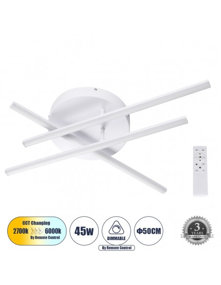 GLOBOSTAR® DRACO 61094 Μοντέρνο Φωτιστικό Οροφής LED 45W 5535lm 120° AC 220-240V IP20 Ρυθμιζόμενο Λευκό CCT με Χειριστήριο από 2700K έως 6000K Dimmable - Lumileds SMD Chip - Λευκό Ματ - Μ50 x Π50 x Υ11cm - 3 Χρόνια Εγγύηση