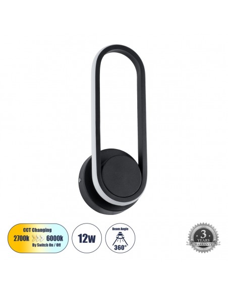 GLOBOSTAR® DALLAS 61345 Μοντέρνο Φωτιστικό Τοίχου - Απλίκα LED 12W 1440lm 360° AC 220-240V IP20 Ρυθμιζόμενο Λευκό CCT με On/Off 2700K/4500K/6000K - Lumileds SMD Chip - Μαύρο Ματ - Μ12 x Π6.5 x Υ32cm - 3 Χρόνια Εγγύηση