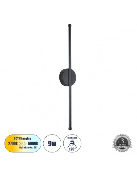 GLOBOSTAR® DIADEM 61329 Μοντέρνο Φωτιστικό Τοίχου - Απλίκα LED 9W 1080lm 120° AC 220-240V IP20 Ρυθμιζόμενο Λευκό CCT με On/Off 2700K/4500K/6000K - Lumileds SMD Chip - Μαύρο Ματ - Μ10 x Π4 x Υ60cm - 3 Χρόνια Εγγύηση