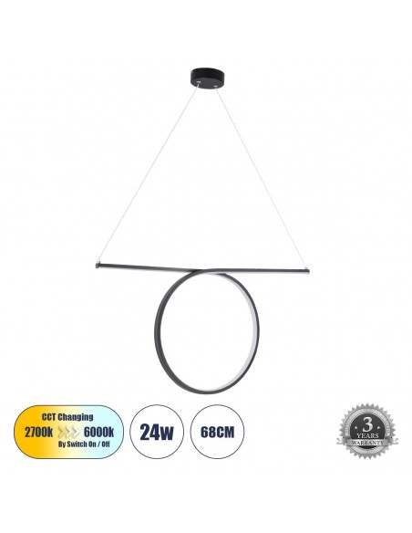 GLOBOSTAR® ROME 61294 Μοντέρνο Κρεμαστό Φωτιστικό Οροφής LED 24W 2640lm 200° AC 220-240V IP20 Ρυθμιζόμενο Λευκό CCT με On/Off 2700K/4500K/6000K - Lumileds SMD Chip - Μαύρο Ματ - Μ65.5 x Π4 x Υ33cm - 3 Χρόνια Εγγύηση