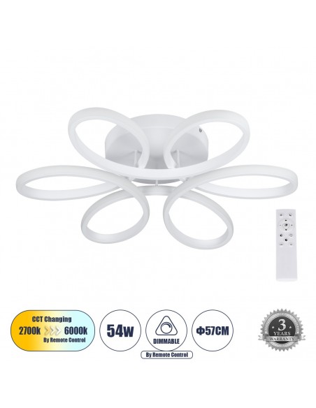 GLOBOSTAR® MARGARET 61401 Μοντέρνο Φωτιστικό Οροφής LED 54W 6210lm 360° AC 220-240V IP20 Ρυθμιζόμενο Λευκό CCT με Χειριστήριο από 2700K έως 6000K Dimmable - Lumileds SMD Chip - Λευκό Ματ - Μ57 x Π57 x Υ12cm - 3 Χρόνια Εγγύηση