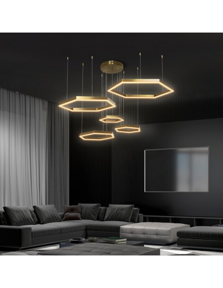 kelvo® LEXAGON KLV-101-0180 Κρεμαστό Φωτιστικό Οροφής LED 120W 12000lm 200° AC 220-240V IP20 Ρυθμιζόμενο Λευκό CCT με Χειριστήριο από 2700K έως 6000K Dimmable - Lumileds SMD Chip - Χρυσό Πλατίνα - Μ110 x Π90 x Υ110cm - 3 Χρόνια Εγγύηση