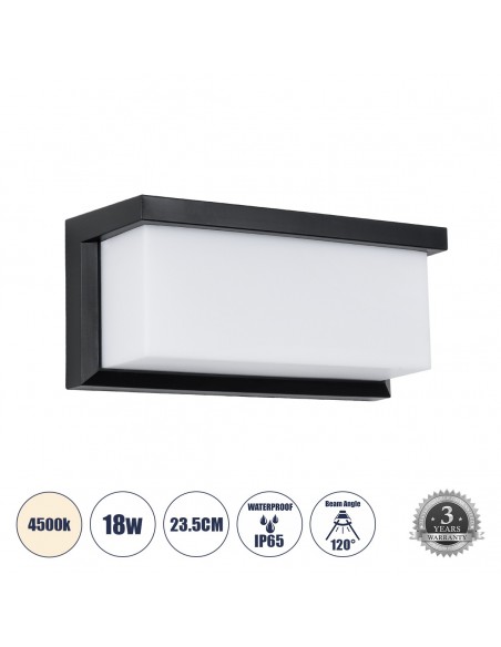 GLOBOSTAR® CITYSCAPE 60699 Μοντέρνο Φωτιστικό Τοίχου - Απλίκα LED 18W 1890lm 120° AC 220-240V Αδιάβροχο IP65 Φυσικό Λευκό 4500K - Bridgelux SMD Chip - Μαύρο Ματ - Μ23.5 x Π11 x Υ10cm - 3 Χρόνια Εγγύηση